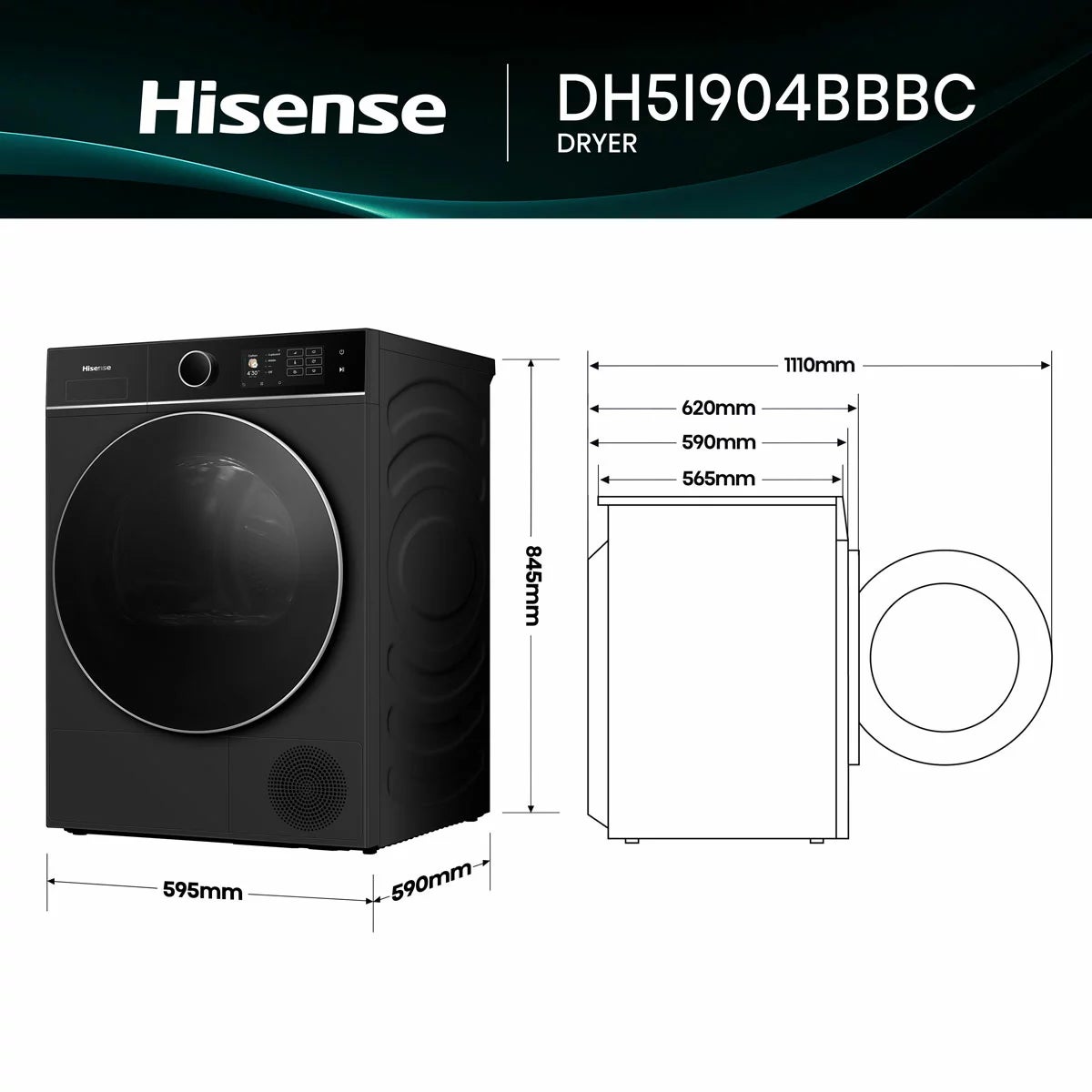 Hisense KitchenFit 5i Series DH5I904BBBC, 9kg Heat Pump Dryer, A+++ Rated in Black, view 5