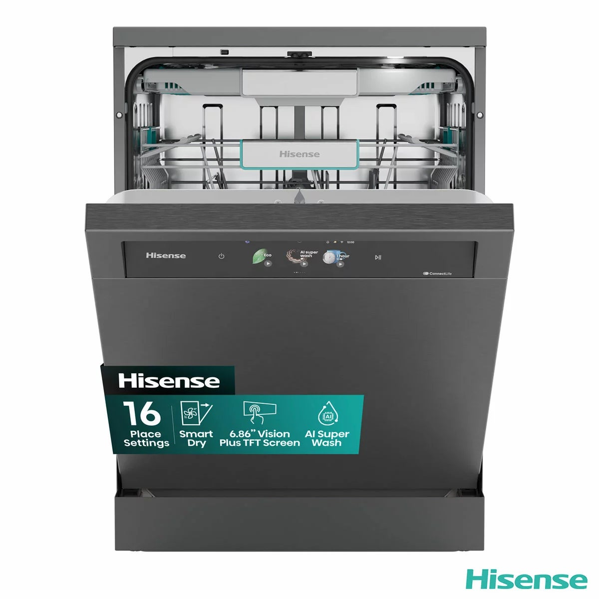 Hisense HS693A90ADBX, 16 Place Setting, Freestanding Dishwasher, A Rated in Silver
