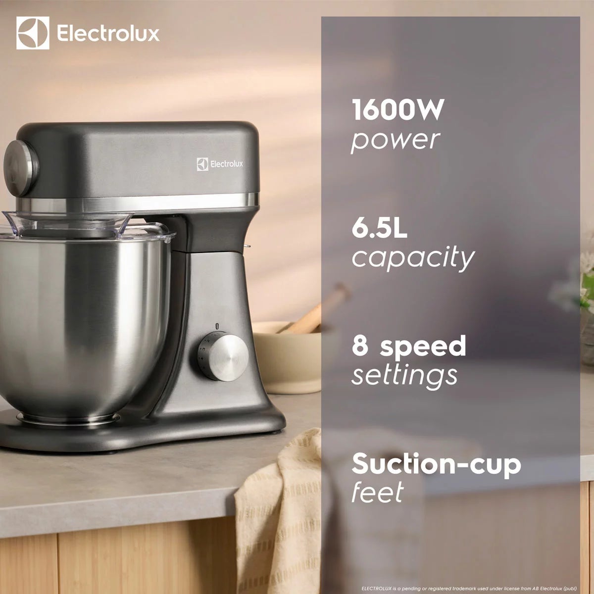 Electrolux SDA2842ELGRY 1600W Die-Cast 6.5L Stand Mixer in Grey, view 2