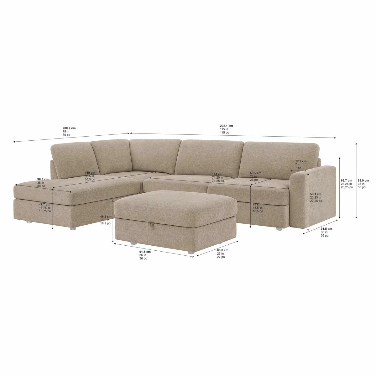 Broyhill Oswin Fabric Corner Sofa with Storage Ottoman, view 14
