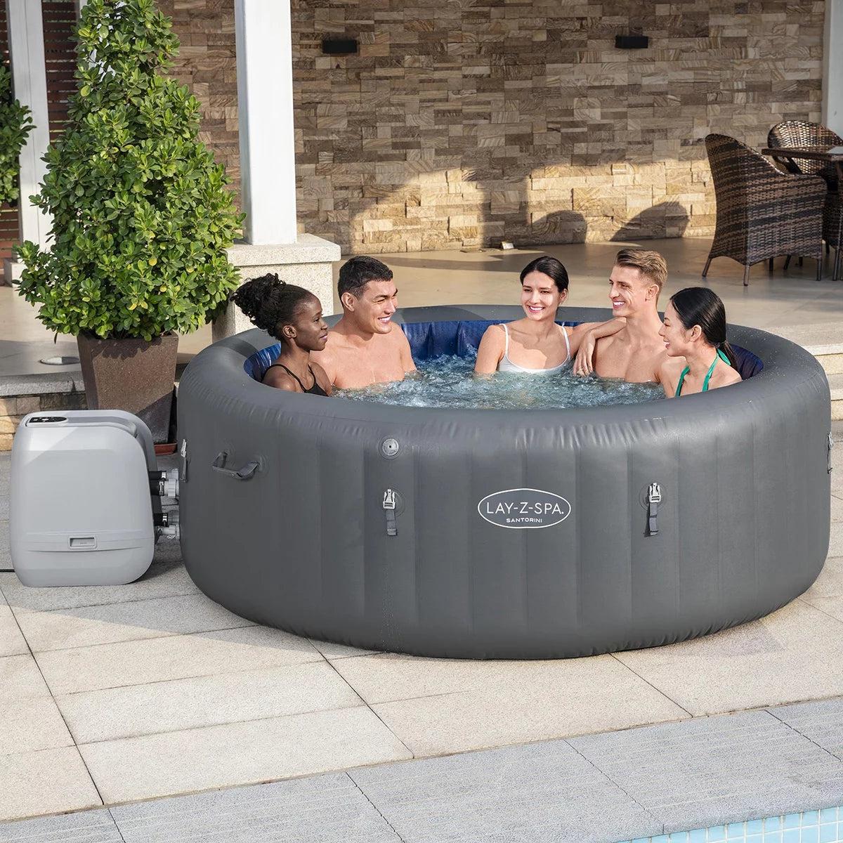 Lay-Z-Spa Santorini MaxHold EnergySense Smart Luxe HydroJet Pro, 7 Person Inflatable Spa