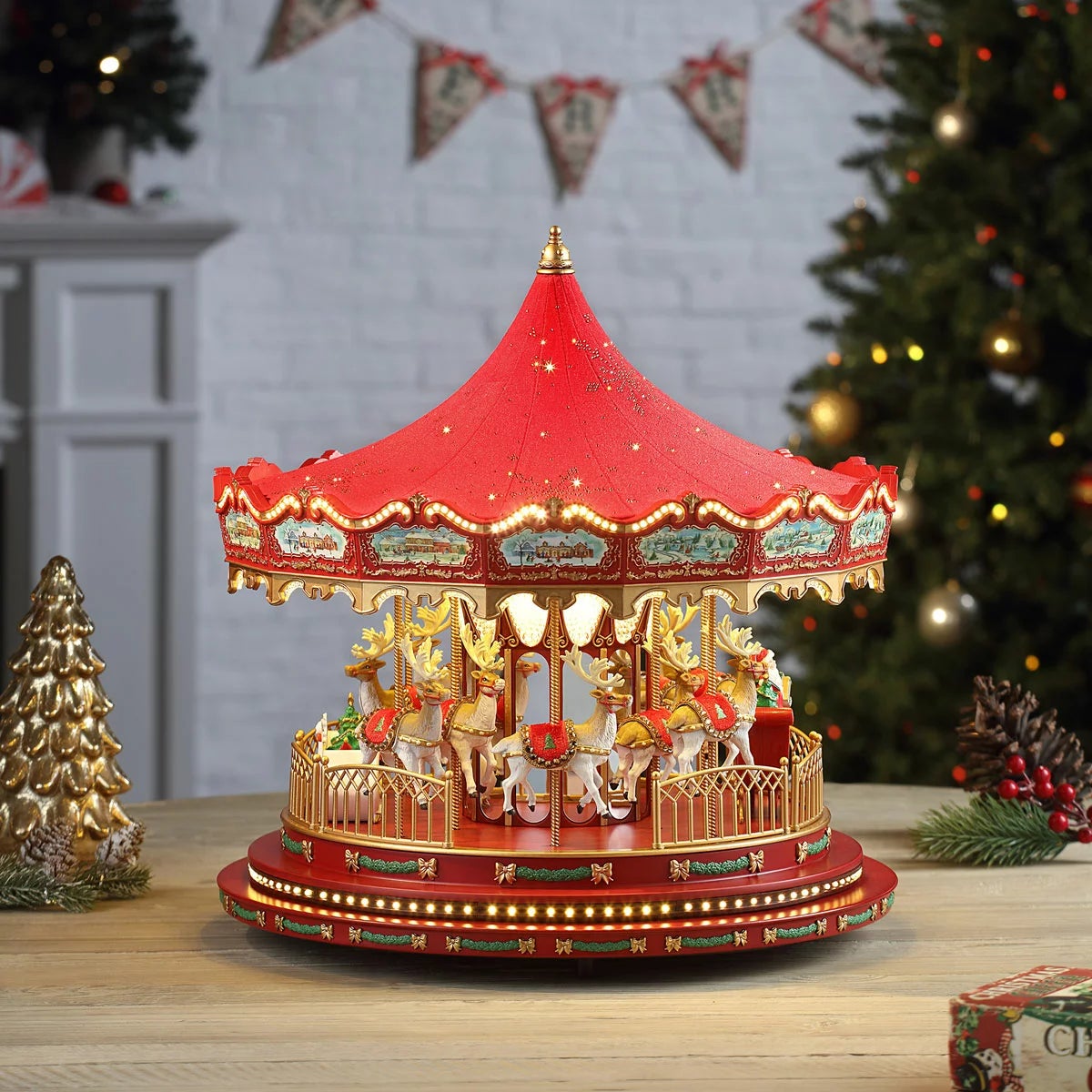 17 Inch Nostalgic Deluxe Glass Embellished Carousel in Red, view 2