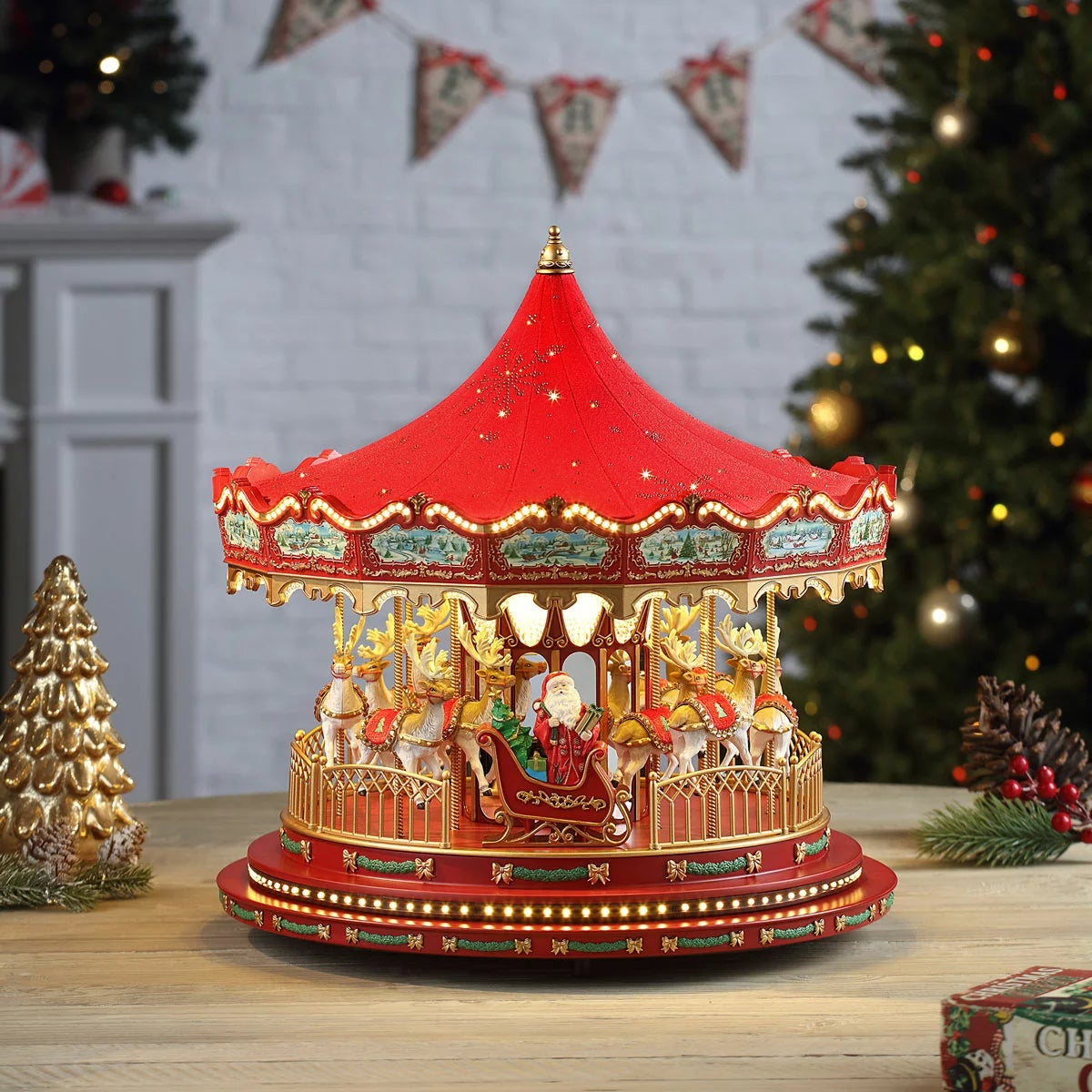 17 Inch Nostalgic Deluxe Glass Embellished Carousel in Red