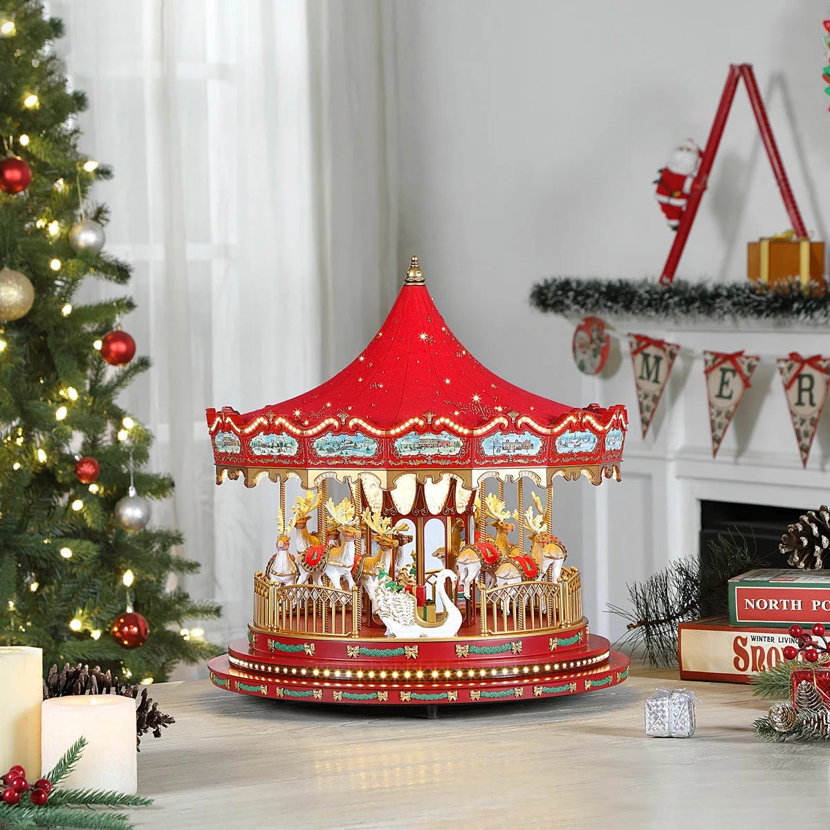 17 Inch Nostalgic Deluxe Glass Embellished Carousel in Red, view 3