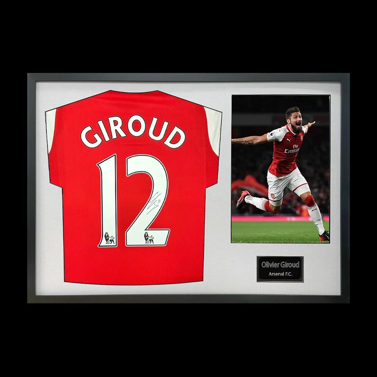Olivier Giroud Signed Framed Arsenal Football Shirt including 1 Photo in 2 Options: White or Black Mount, view 3