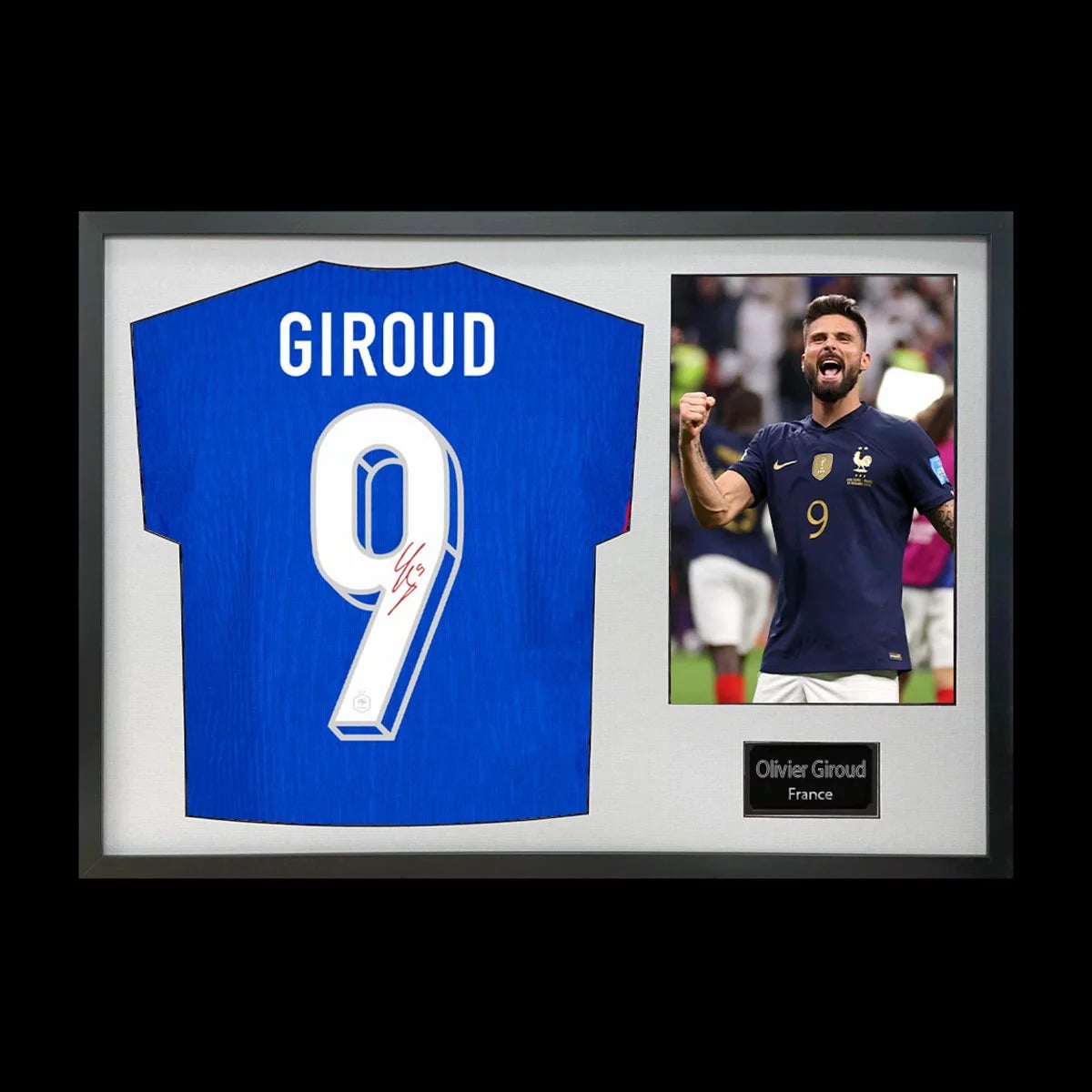 Olivier Giroud Signed Framed France Football Shirt including 1 Photo in 2 Options: White or Black Mount, view 3