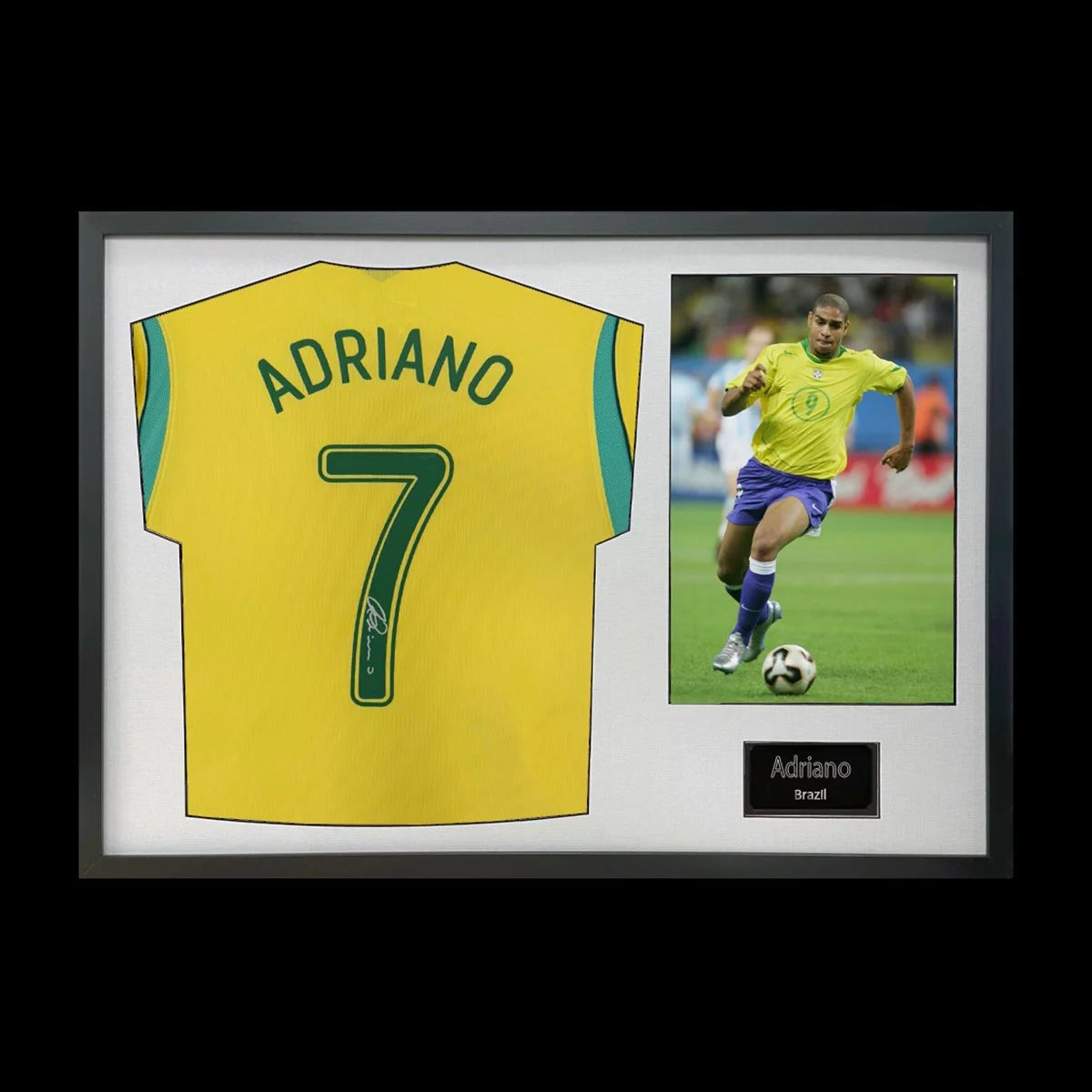 Adriano Signed Framed Brazil Football Shirt including 1 Photo in 2 Options: White or Black Mount, view 3
