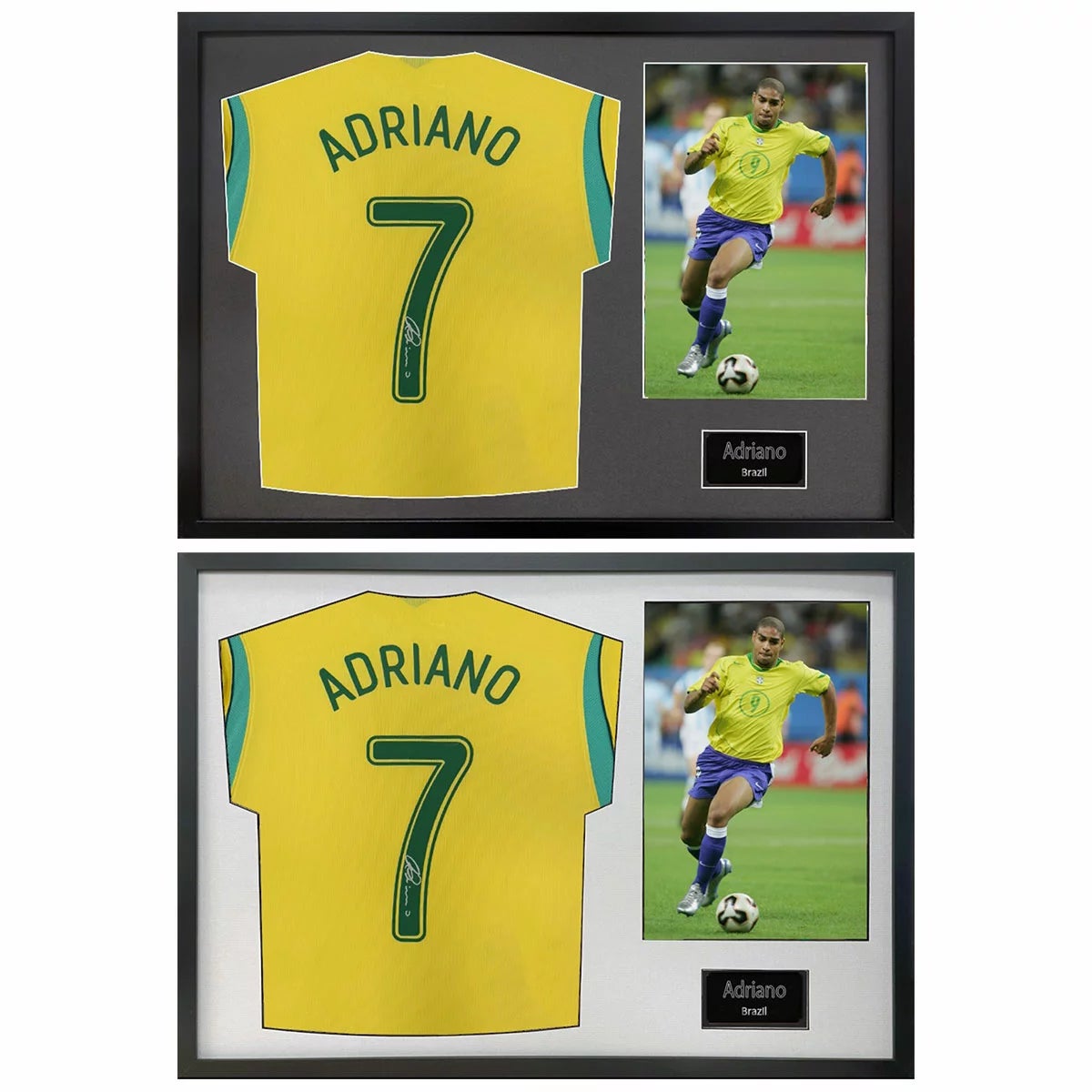 Adriano Signed Framed Brazil Football Shirt including 1 Photo in 2 Options: White or Black Mount