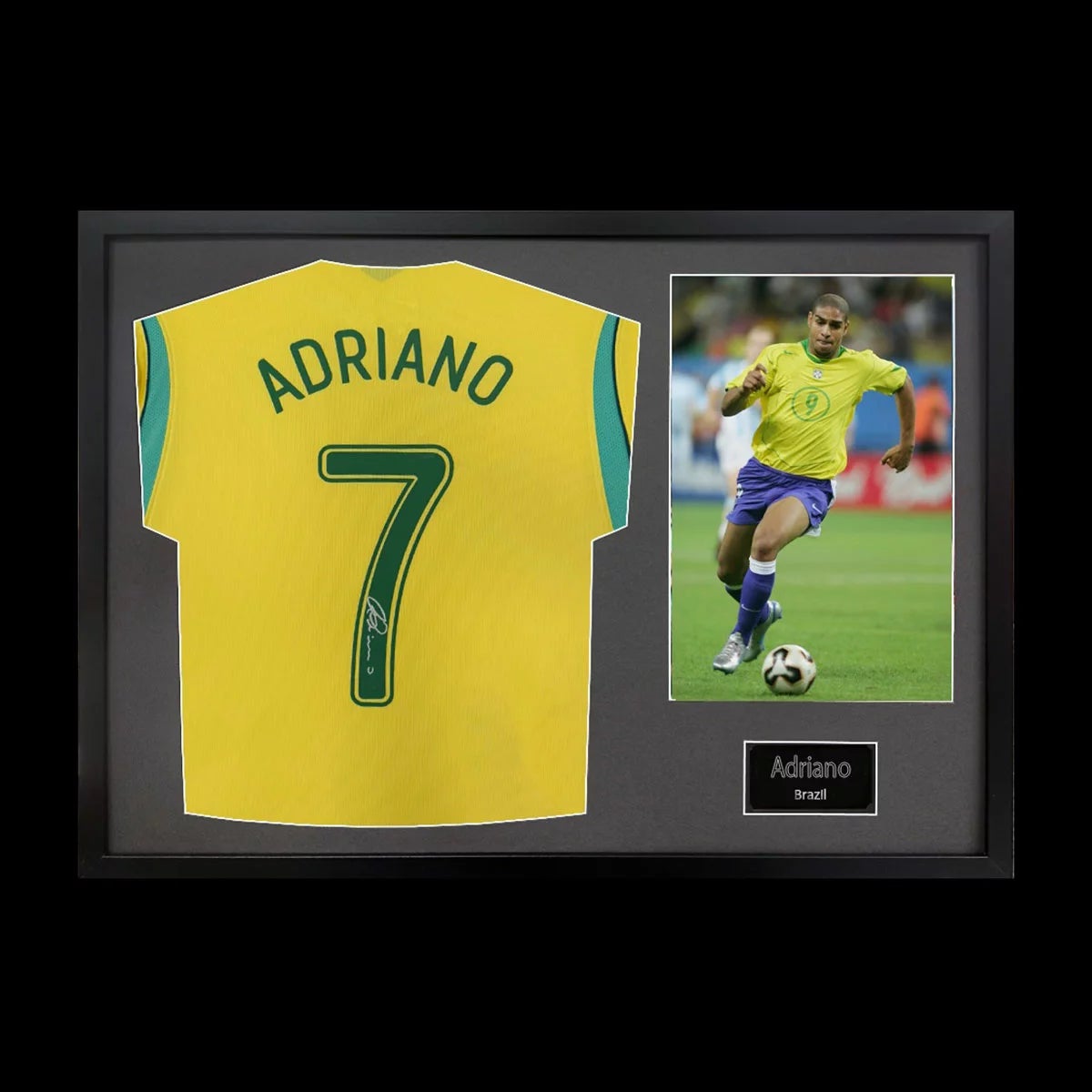 Adriano Signed Framed Brazil Football Shirt including 1 Photo in 2 Options: White or Black Mount, view 2