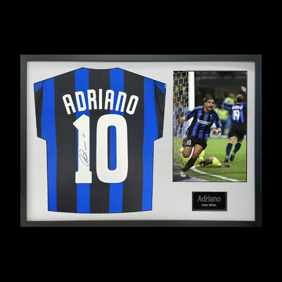 Adriano Signed Framed Inter Milan Football Shirt including 1 Photo in 2 Options: White or Black Mount, view 2