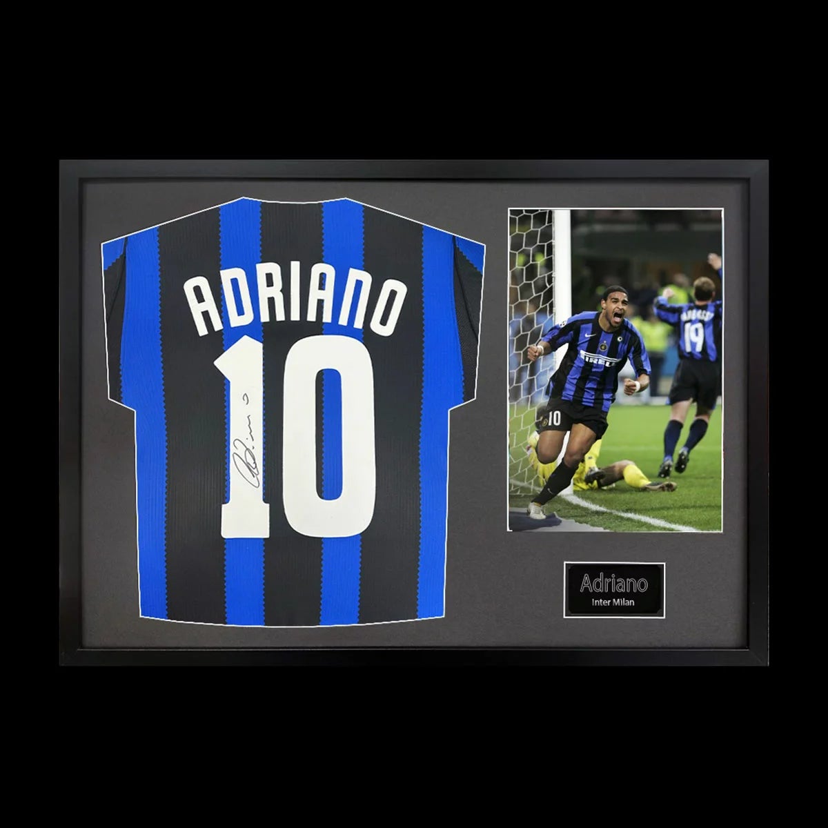 Adriano Signed Framed Inter Milan Football Shirt including 1 Photo in 2 Options: White or Black Mount, view 3