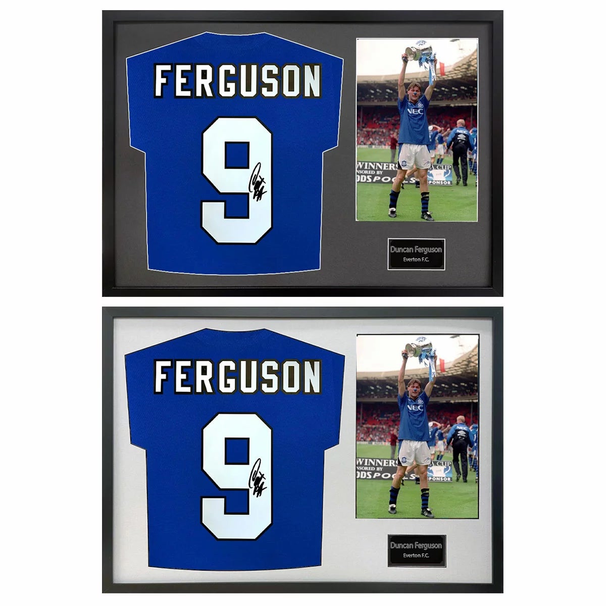 Duncan Ferguson Signed Framed Everton Football shirt including 1 Photo in 2 Options: White or Black Mount