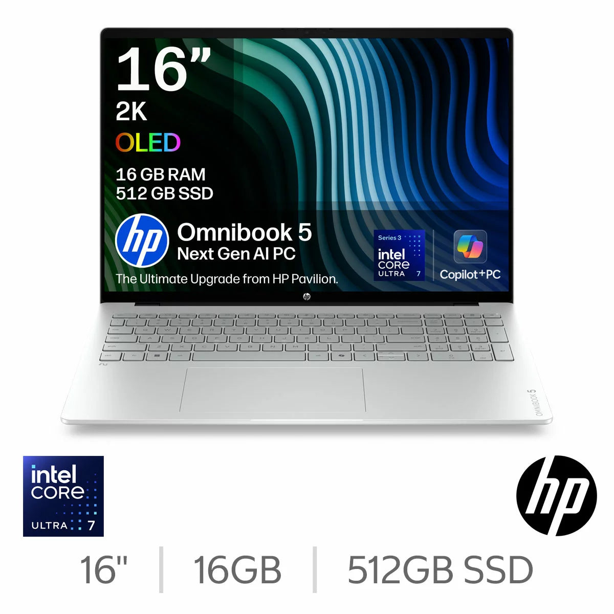 HP Omnibook 5, Copilot+ PC, Intel Core Ultra 7, 16GB RAM, 512GB SSD, 16 inch OLED Laptop, 16-bm0000nax
