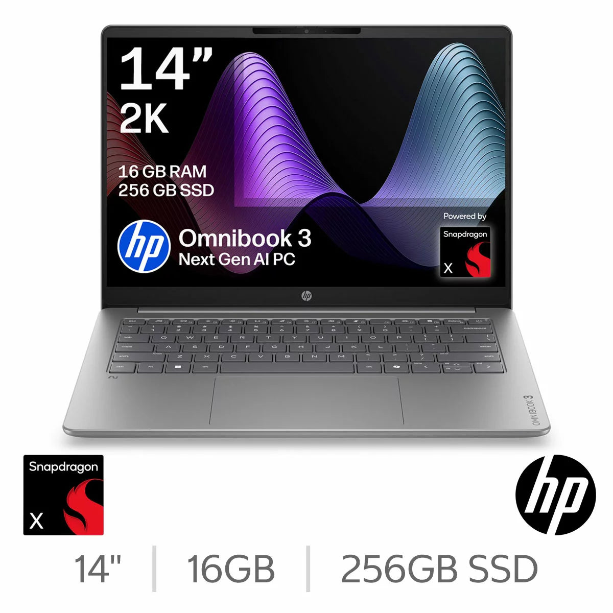 HP Omnibook 3, Copilot+ PC, Snapdragon X, 16GB RAM, 256GB SSD, 14 Inch Laptop, 14-hz0001nax