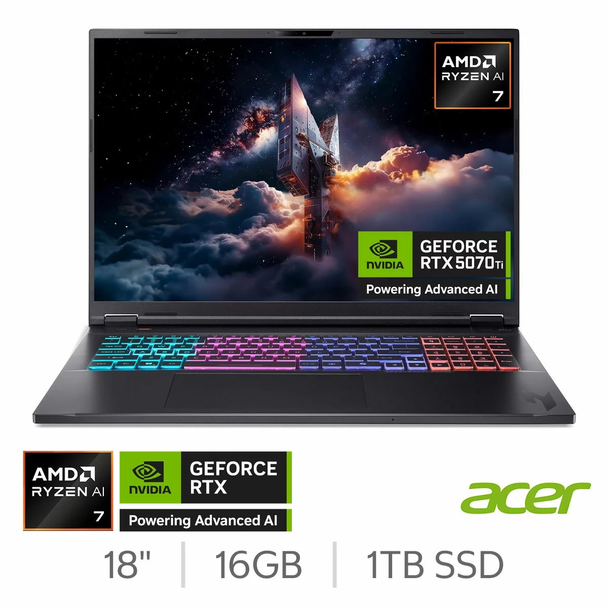Acer Nitro 18 AI, AMD Ryzen AI 7, 16GB RAM, 1TB SSD, NVIDIA GeForce RTX 5070 Ti, 18 Inch Gaming Laptop, NH.QYCEK.003