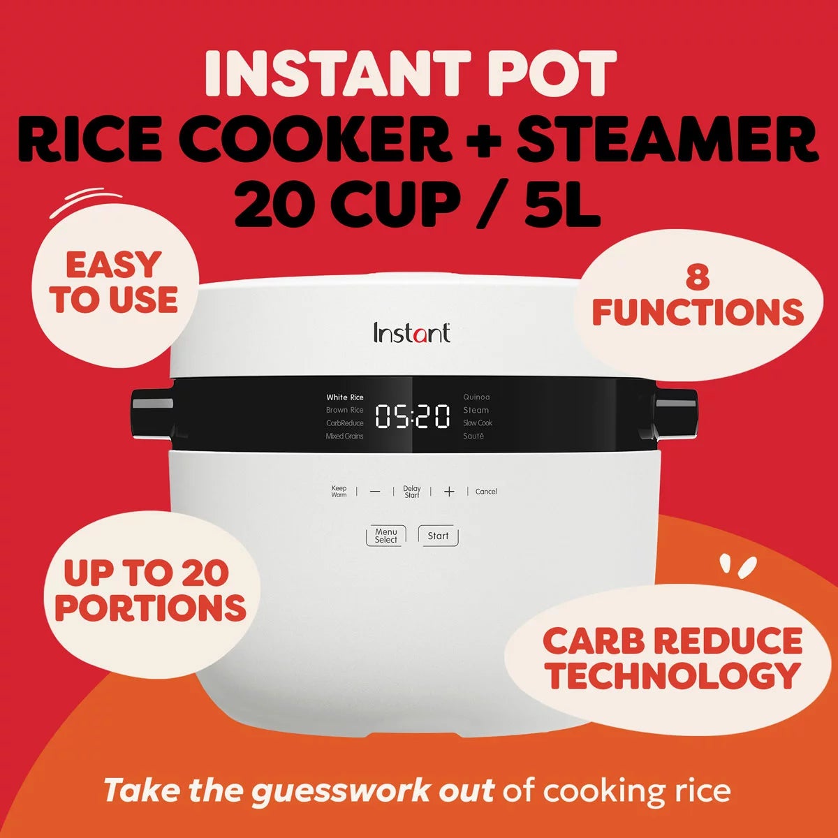 Instant Pot 5L / 20 Cup Rice Cooker & Steamer in White, view 2