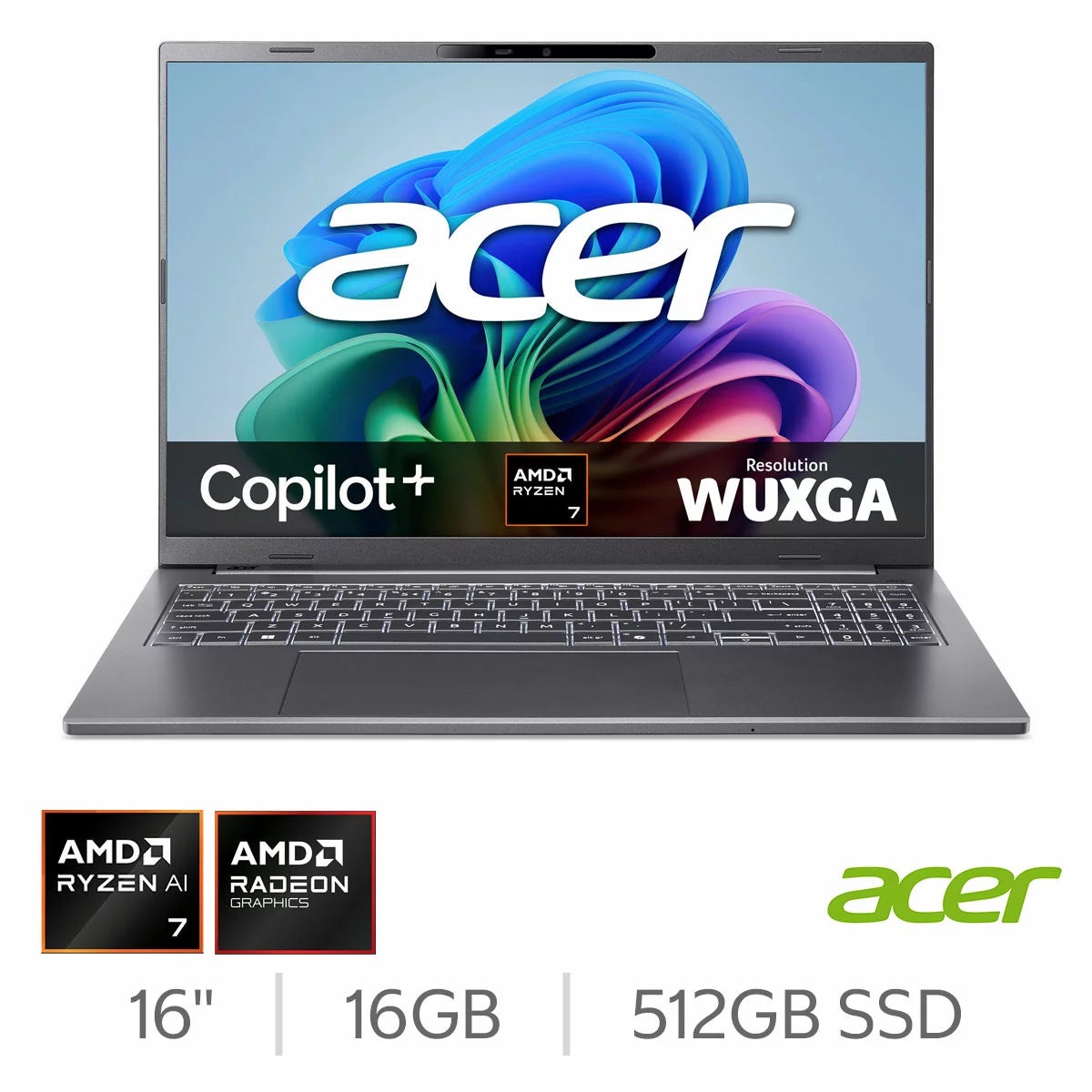 Acer Aspire, Copilot+ PC, AMD Ryzen AI 7, 16GB RAM, 512GB SSD, 16 Inch OLED Laptop, NX.JLLEK.00K