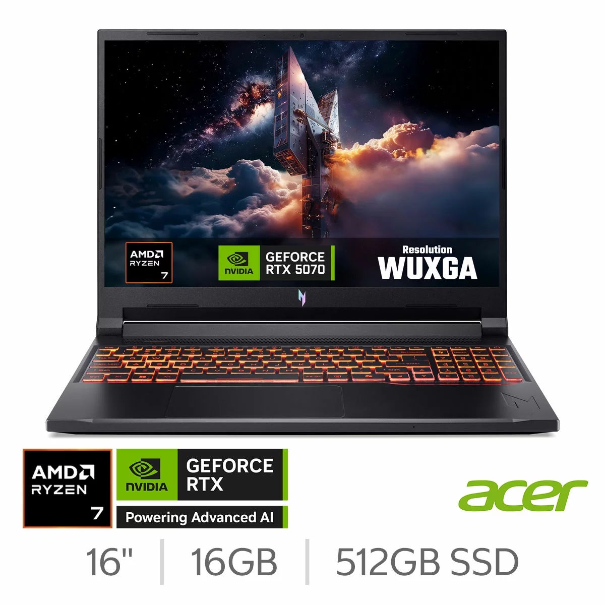 Acer Nitro V16 AI, AMD Ryzen 7, 16GB RAM, 512GB SSD, NVIDIA GeForce RTX 5070, 16 Inch Gaming Laptop, NH.QYYEK.008