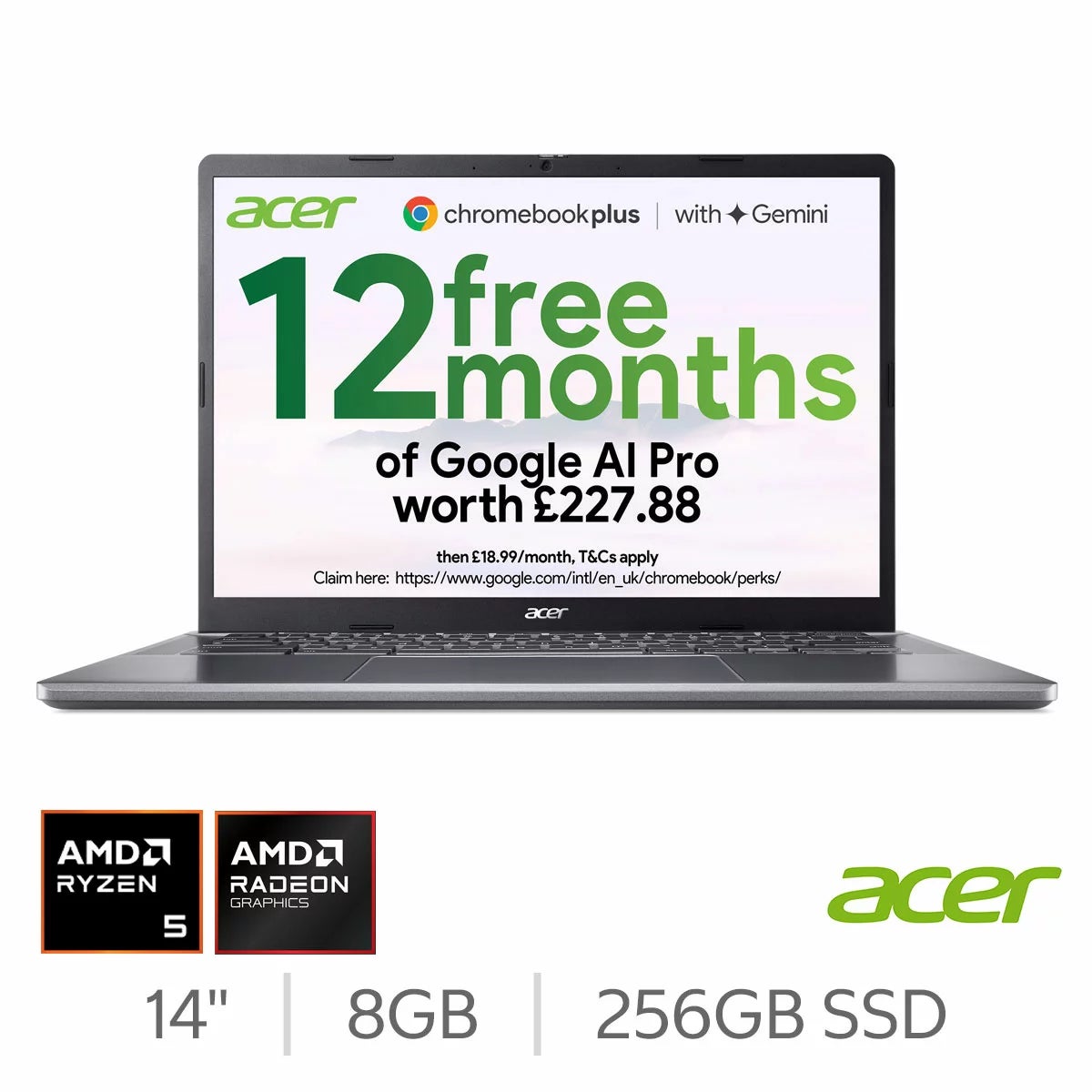 Acer Chromebook Plus, AMD Ryzen 5, 8GB RAM, 256GB SSD, 14 Inch Laptop, NX.KP4EK.00B