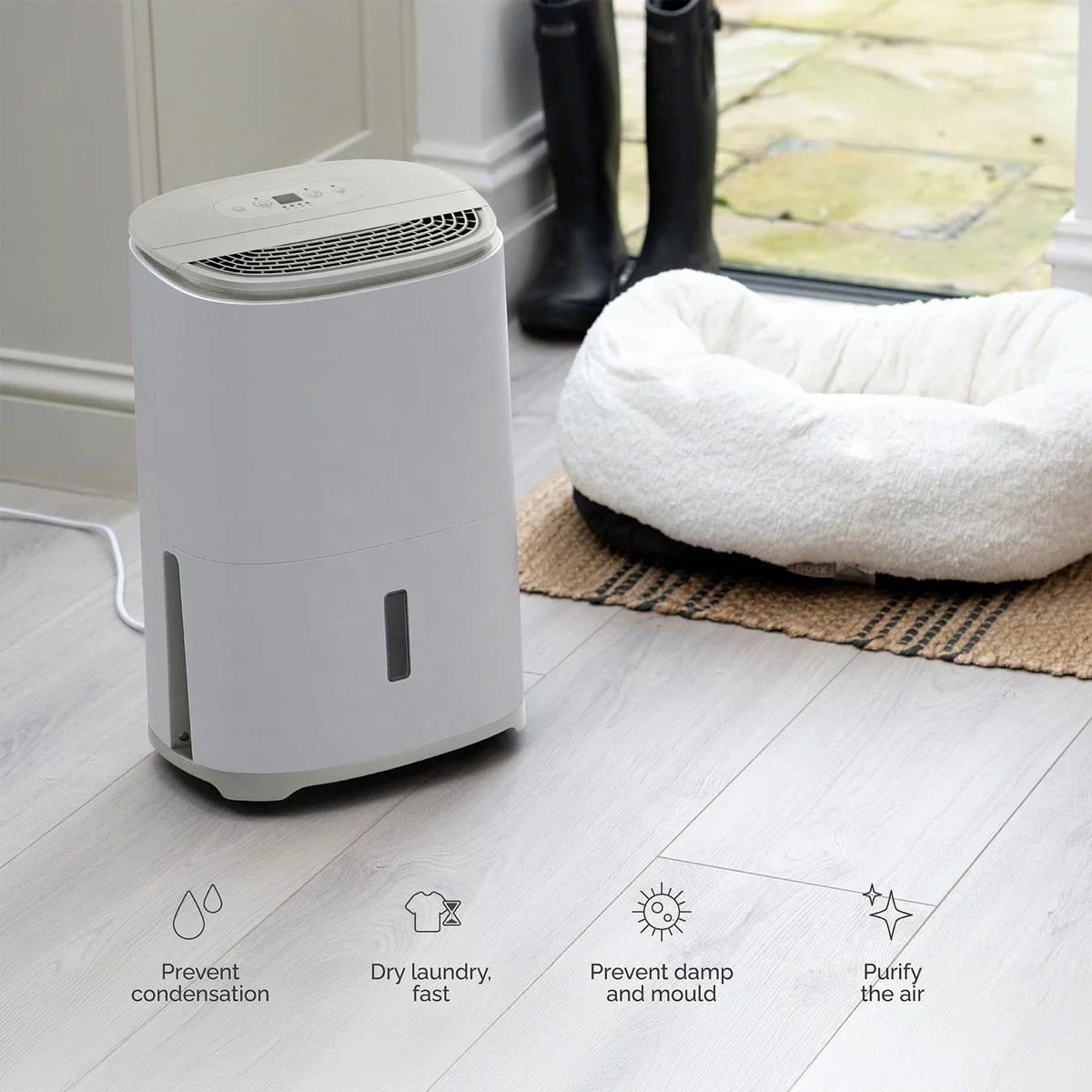 MeacoDry Arete One 10L Dehumidifier & Air Purifier in Warm Pebble, view 3