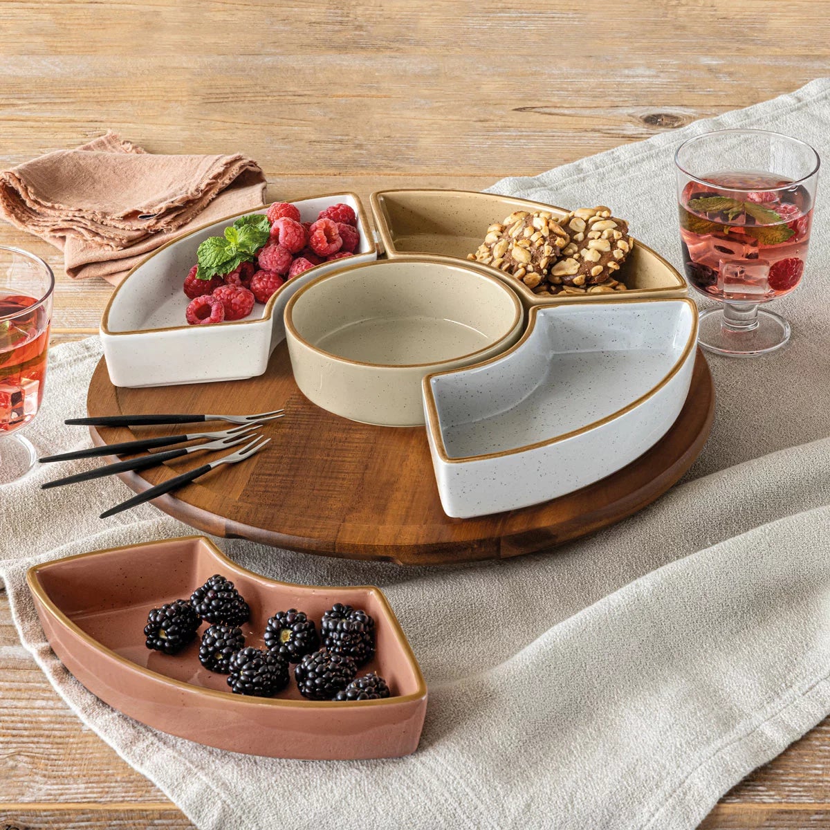 Over & Back Acacia Lazy Susan, with 5 Stoneware Dishes, view 2