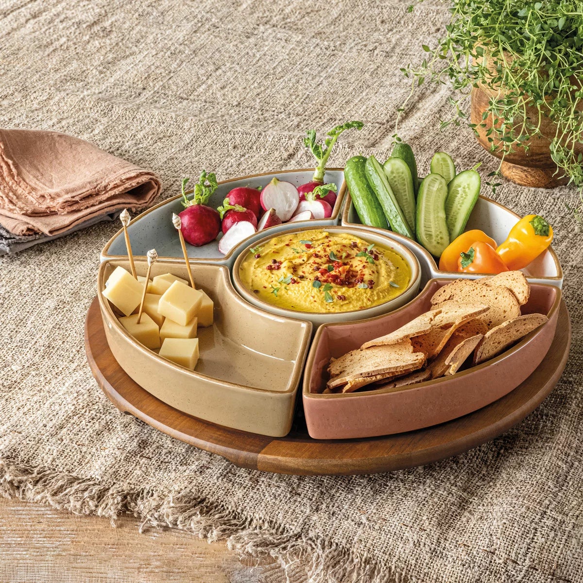 Over & Back Acacia Lazy Susan, with 5 Stoneware Dishes