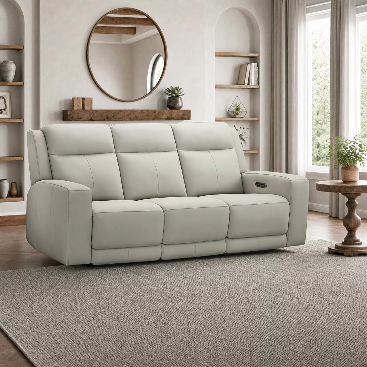 Simon Li Wren Light Grey Leather Power Reclining 3 Seater Sofa with Power Headrest