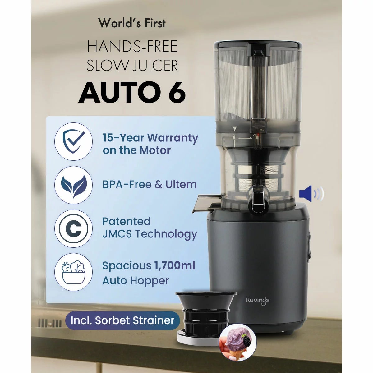 Kuvings AUTO6 Hands Free Juicer in Gun Metal, view 2