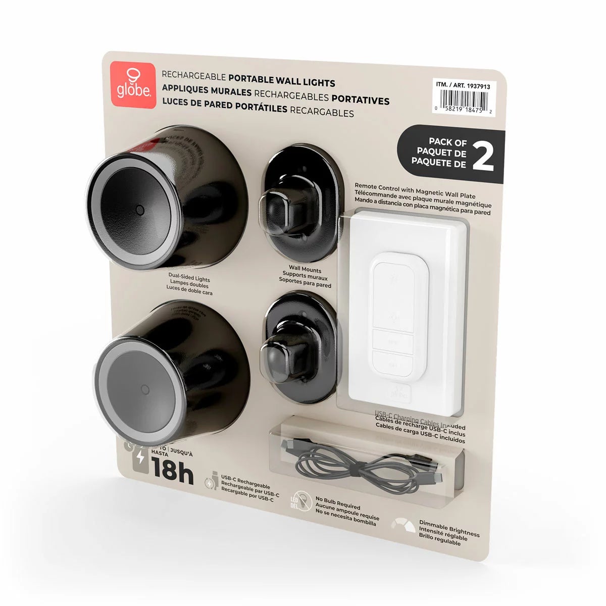Globe Rechargeable Black Portable Wall Light, 2 Pack, view 5