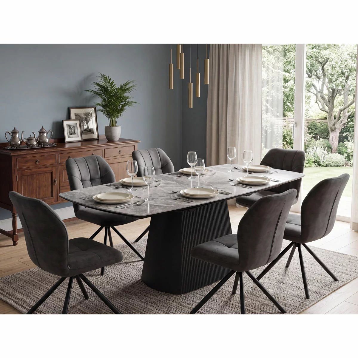 Bahamas Ceramic Extending Dining Table + 6 Grey Chairs, Seats 6-8