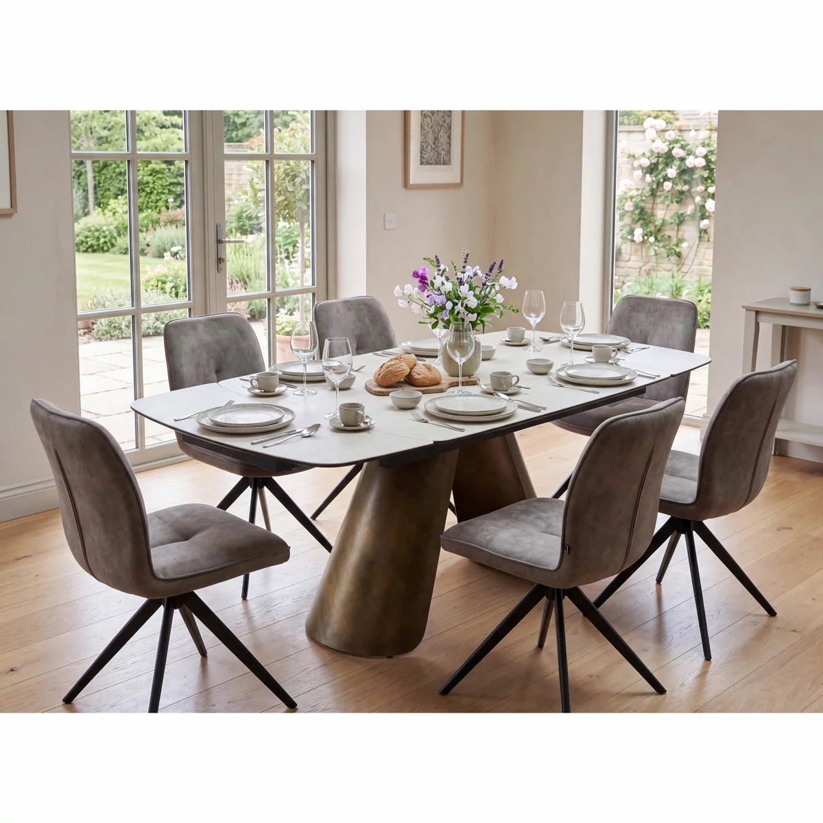 Albania Ceramic Extending Dining Table + 6 Grey Chairs, Seats 6-8
