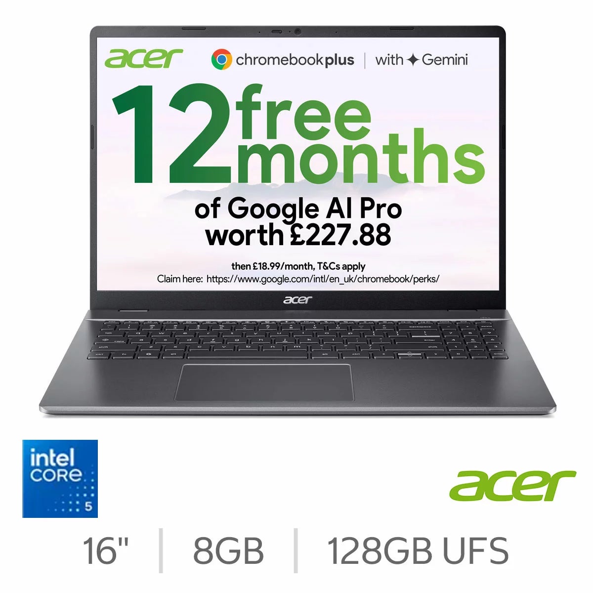 Acer Chromebook Plus, Intel Core 5, 8GB RAM, 128GB UFS, 16 Inch Laptop, NX.JCMEK.006