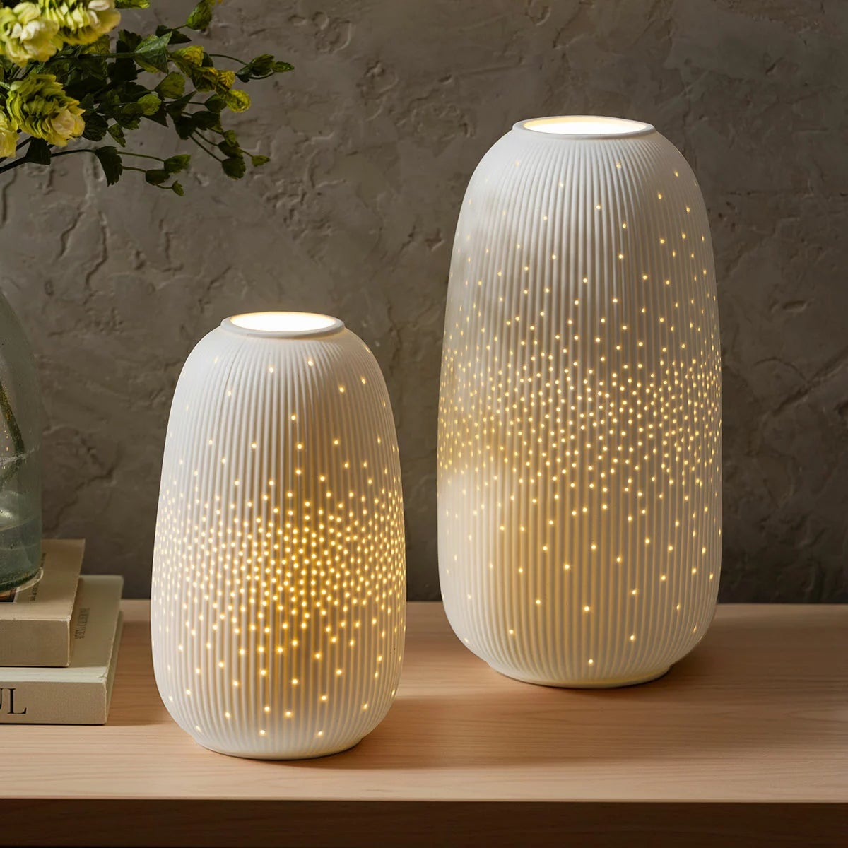 Evergreen LED Porcelain Lantern, 2 Piece Set