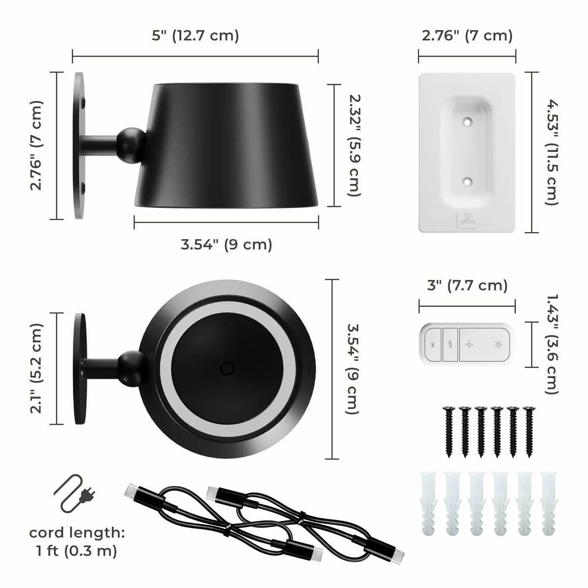 Globe Rechargeable Black Portable Wall Light, 2 Pack, view 6