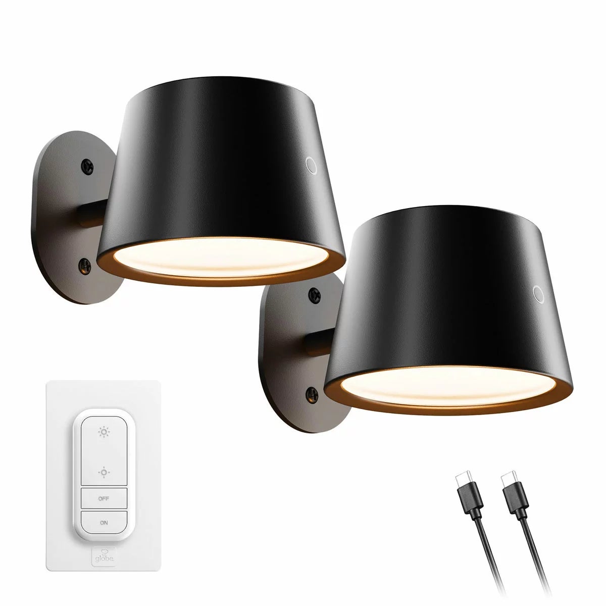 Globe Rechargeable Black Portable Wall Light, 2 Pack