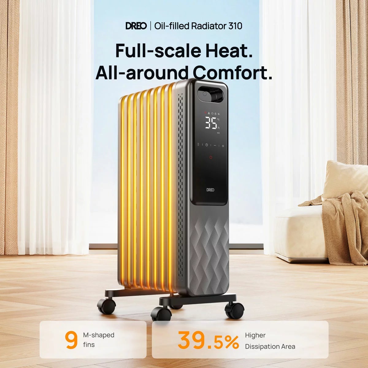 DREO DR-HSH010 9 Fins Oil Filled 2000W Radiator With LED Display, view 2