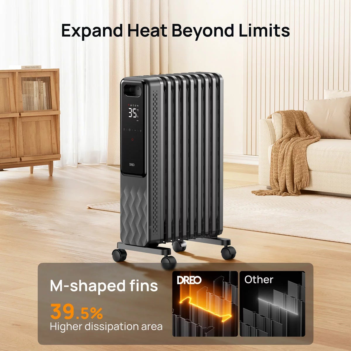 DREO DR-HSH010 9 Fins Oil Filled 2000W Radiator With LED Display, view 3