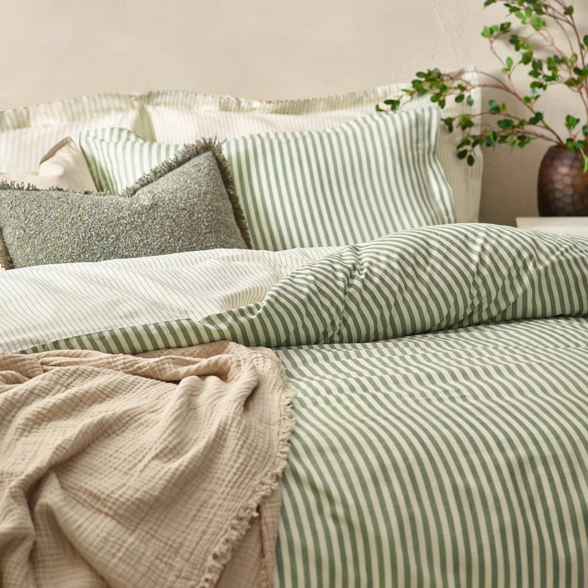 Yard Hebden 100% Cotton Forest Green Stripe Duvet Cover Set in 4 Sizes, view 2