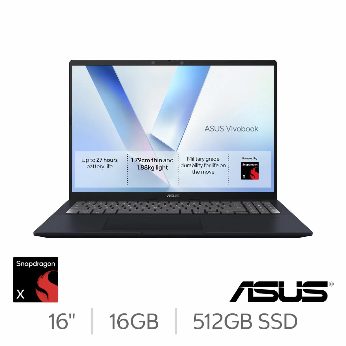 ASUS Vivobook, Copilot+ PC, Snapdragon X, 16GB RAM, 512GB SSD, 16 Inch Laptop, S1607QA-MB196W