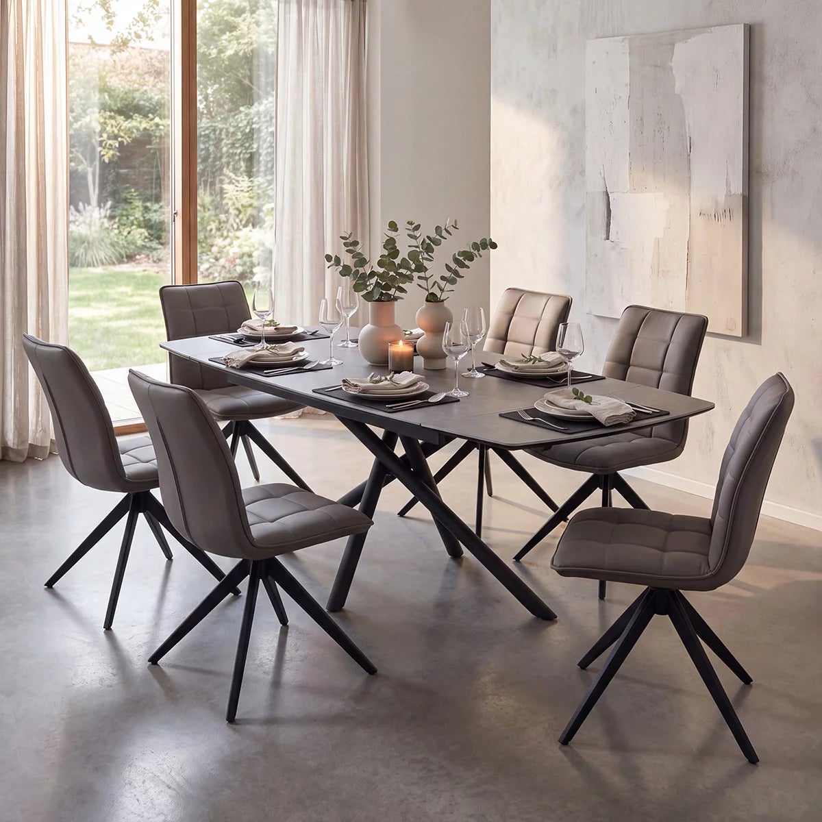 Indus Valley Skylar Ceramic Extending Dining Table + 6 Grey Chairs, Seats 6-8