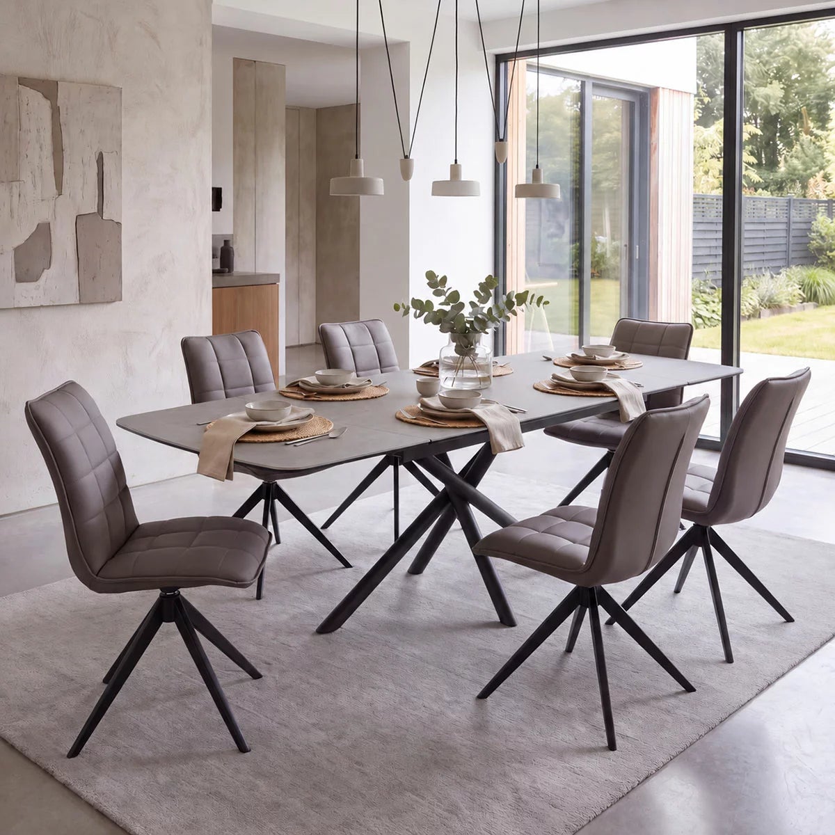 Indus Valley Skylar Large Extending Ceramic Dining Table + 6 Grey Chairs, Seats 6-8