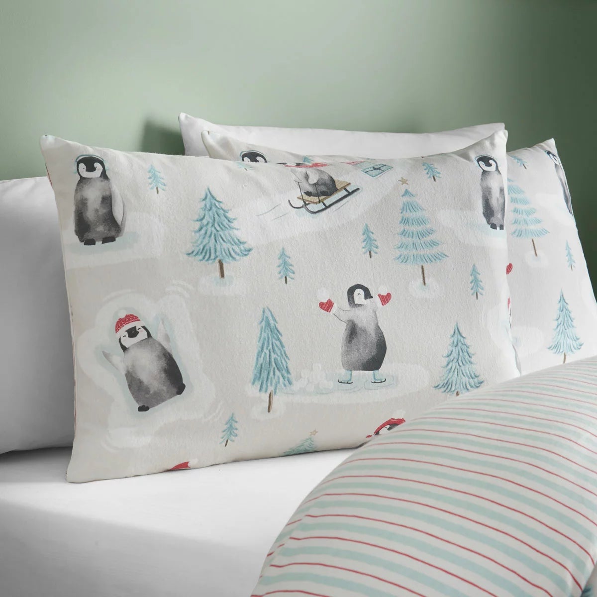 Catherine Lansfield Brushed Cotton Christmas Penguins Reversible Duvet Cover Set In 3 Sizes, view 3