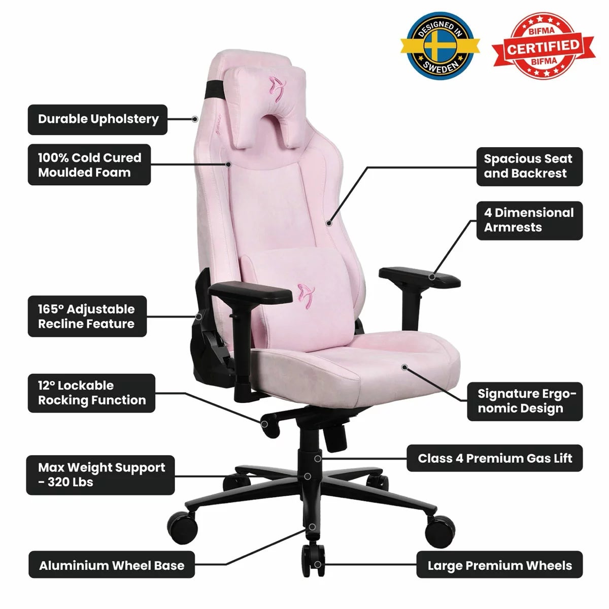 Arozzi Vernazza SuperSoft™ Fabric Gaming Chair, Pink, view 3