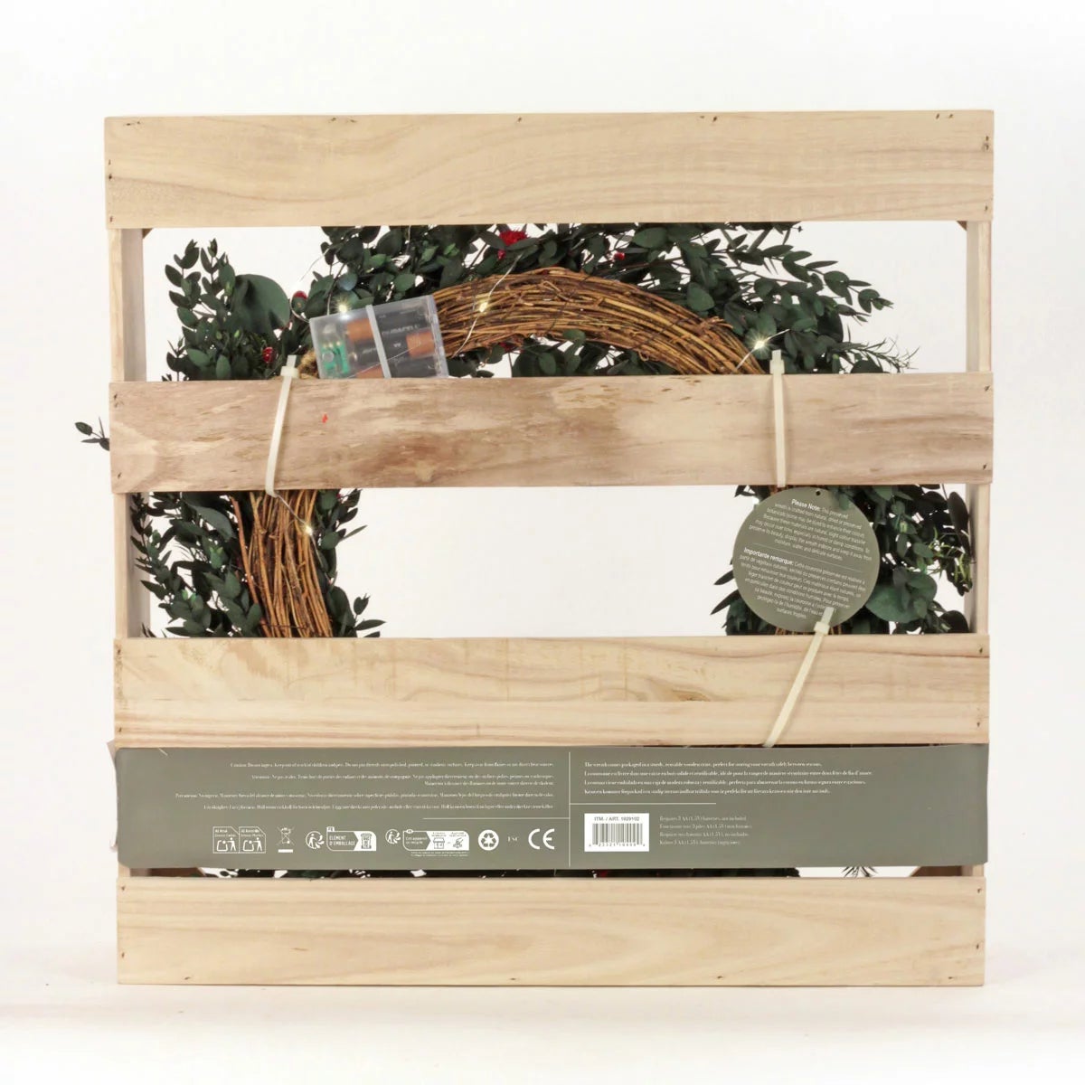 22 Inch Preserved Natural Christmas Wreath with Warm LED Lights in a wooden Crate, view 5