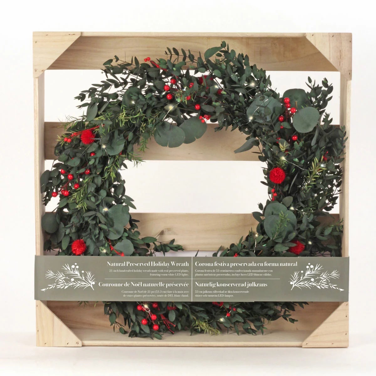 22 Inch Preserved Natural Christmas Wreath with Warm LED Lights in a wooden Crate, view 4