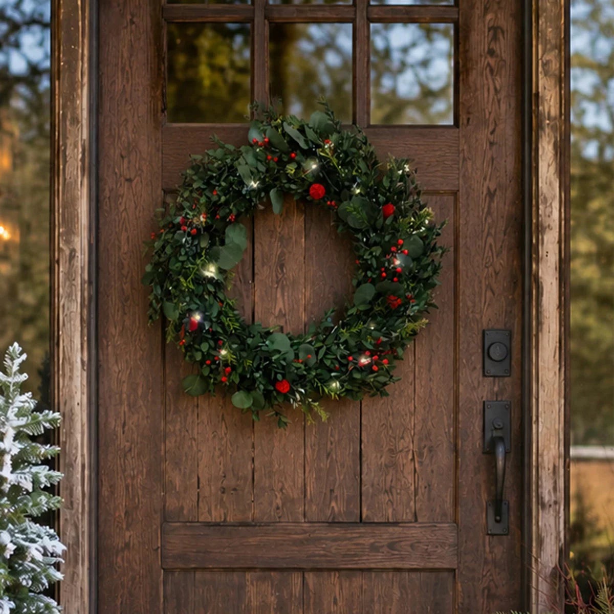 22 Inch Preserved Natural Christmas Wreath with Warm LED Lights in a wooden Crate, view 2