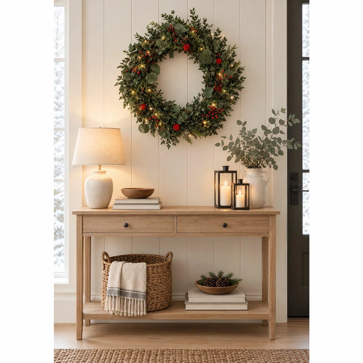 22 Inch Preserved Natural Christmas Wreath with Warm LED Lights in a wooden Crate
