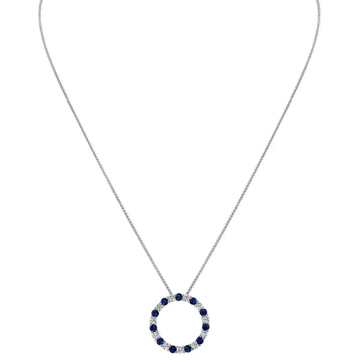 Round Cut Blue Sapphire & 0.66ctw Diamond Circle Pendant, 14ct White Gold