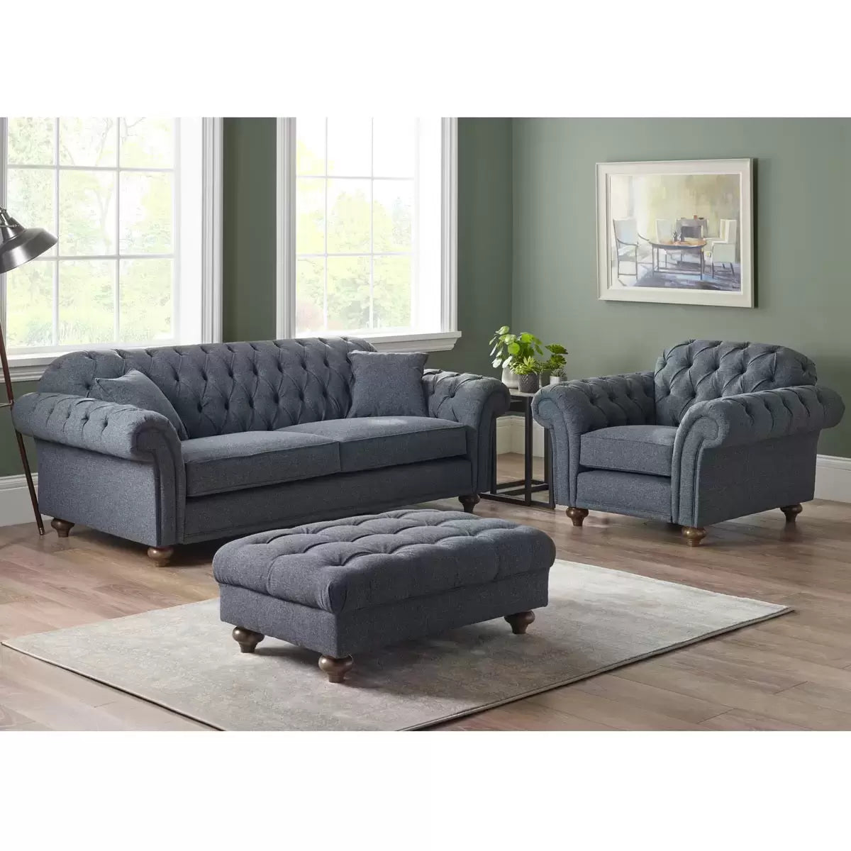 Bordeaux Button Back Blue Fabric 4 Seater Sofa