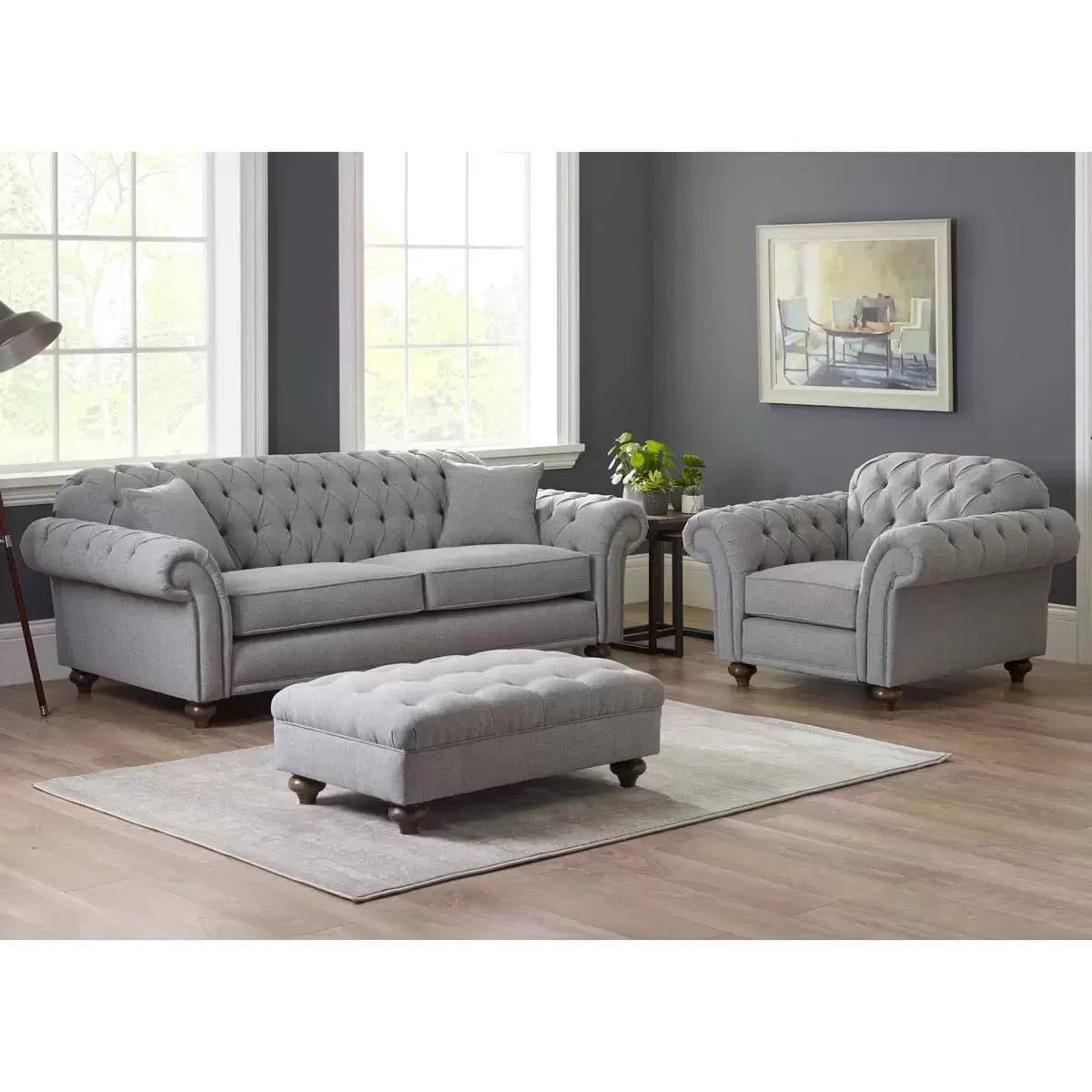 Bordeaux Button Back Grey Fabric 4 Seater Sofa